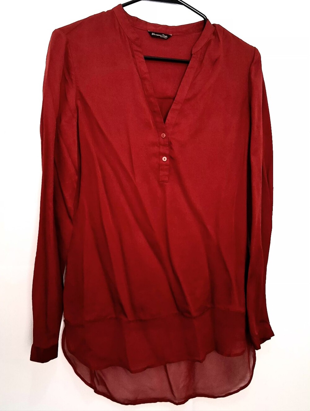 Massimo Dutti Deep Maroon Red V-Neck Long-Sleeve Blouse Size 4 Fit Small